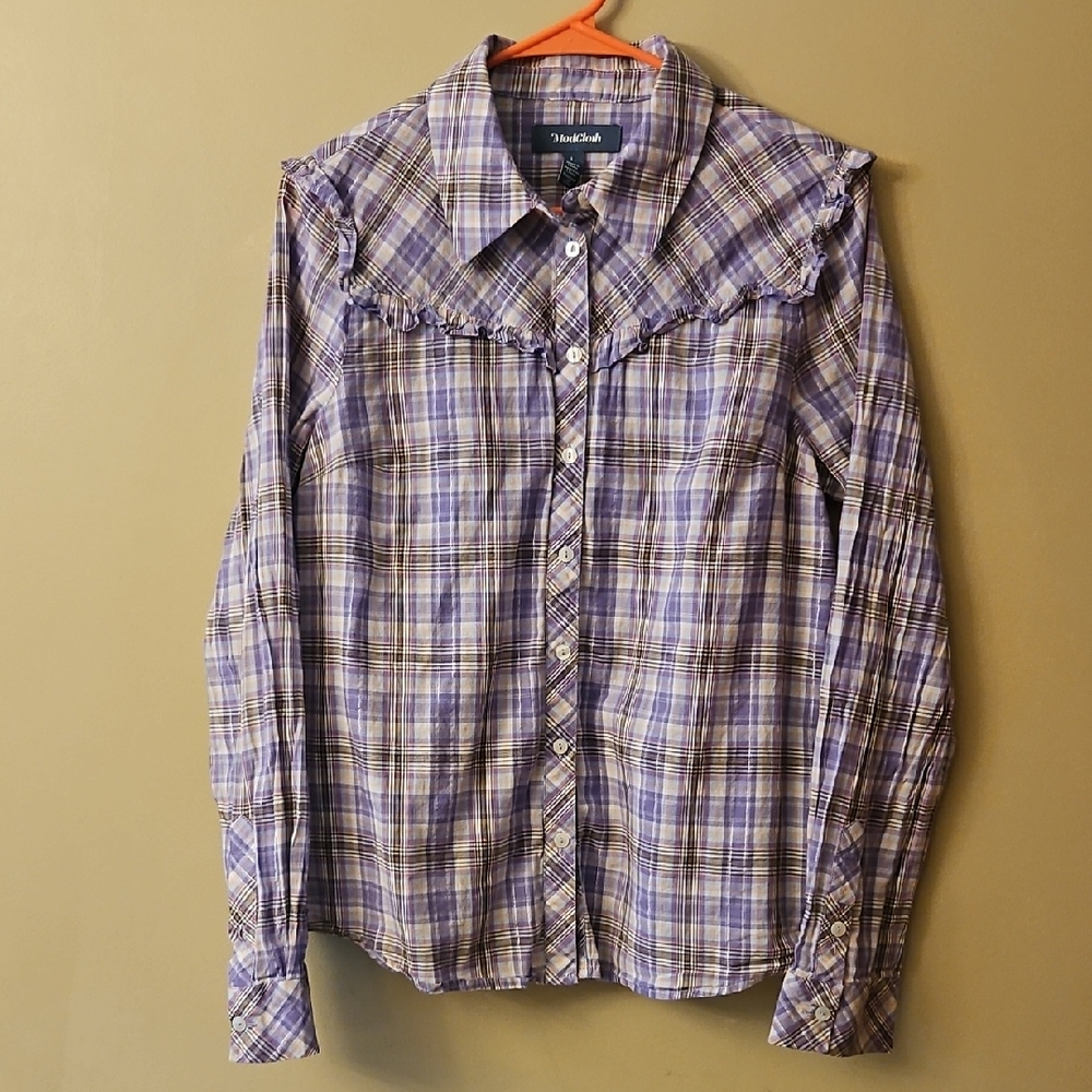 Modcloth Lavender Plaid Ruffle Womens Size L Button Shirt